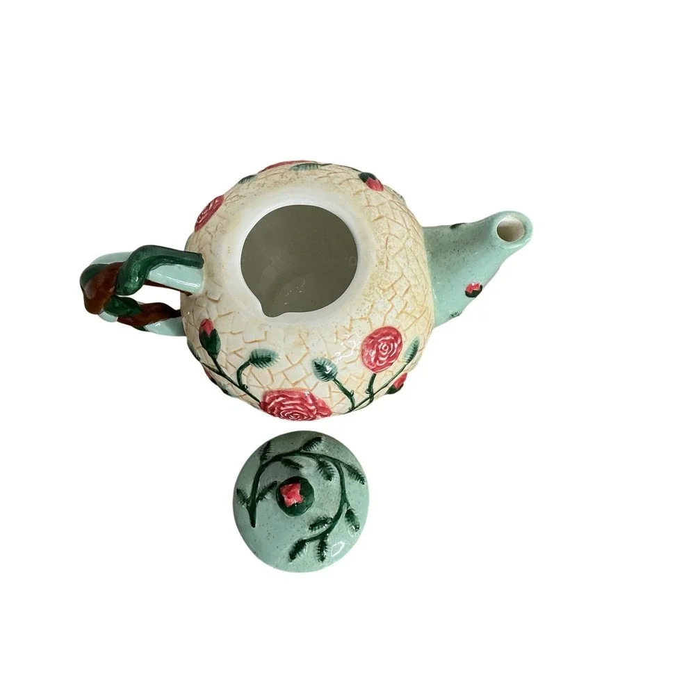 Flowers Inc Balloons Hand‎ Painted Ceramic Teapot Roses Green Aqua Brown Handle
